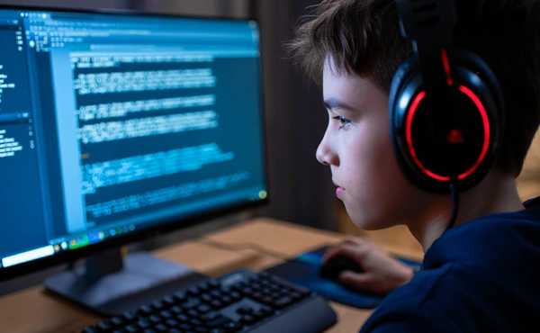 Мальчик-подросток сидит в даркнете